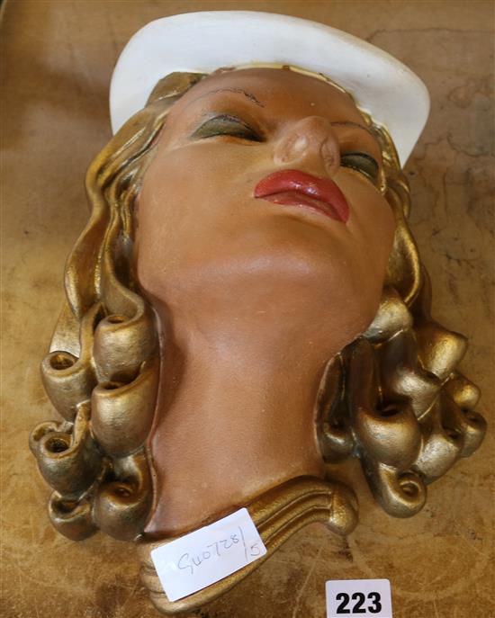 1940s painted plaster lady wall plaque/mask